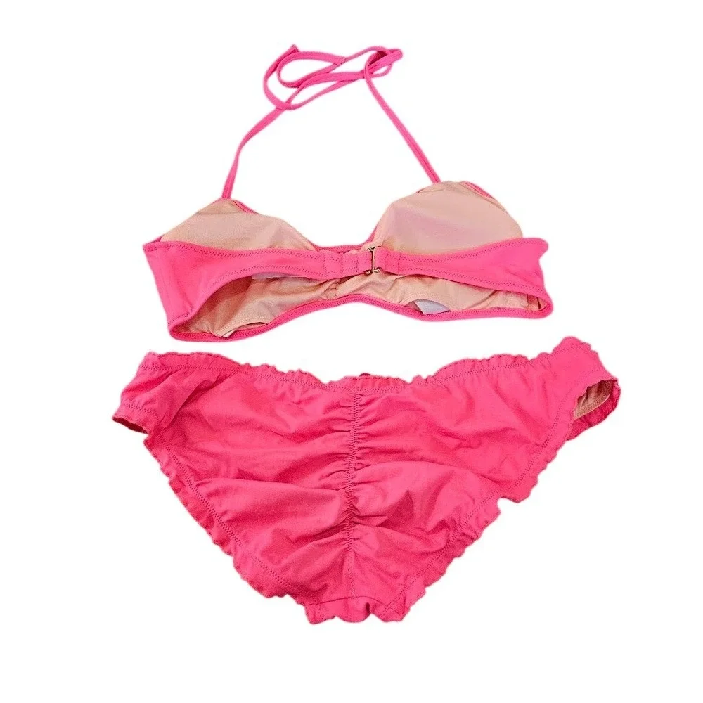 Victorias Secret Hot Pink Ruffle Bikini Set Halter Top Ruched Bottoms Medium